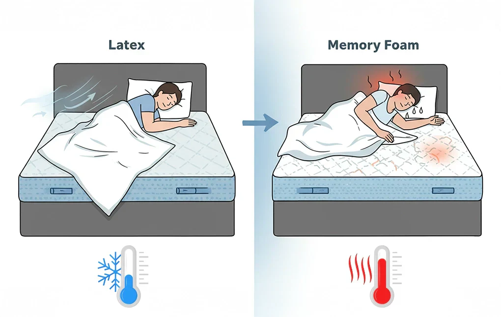 A diagram comparing the breathability of latex vs. memory foam mattresses, showing latex keeping a sleeper cool and memory foam causing overheating.