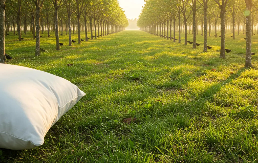 Natural latex pillow in a sustainable rubber tree plantation at sunrise, emphasizing eco-friendly bedding